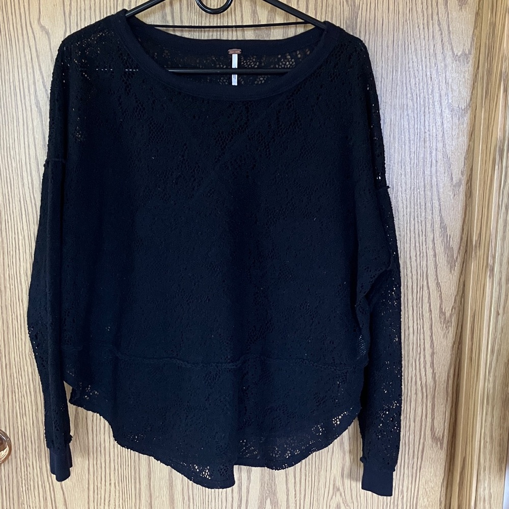 Free People Black Crochet Long Sleeve Top